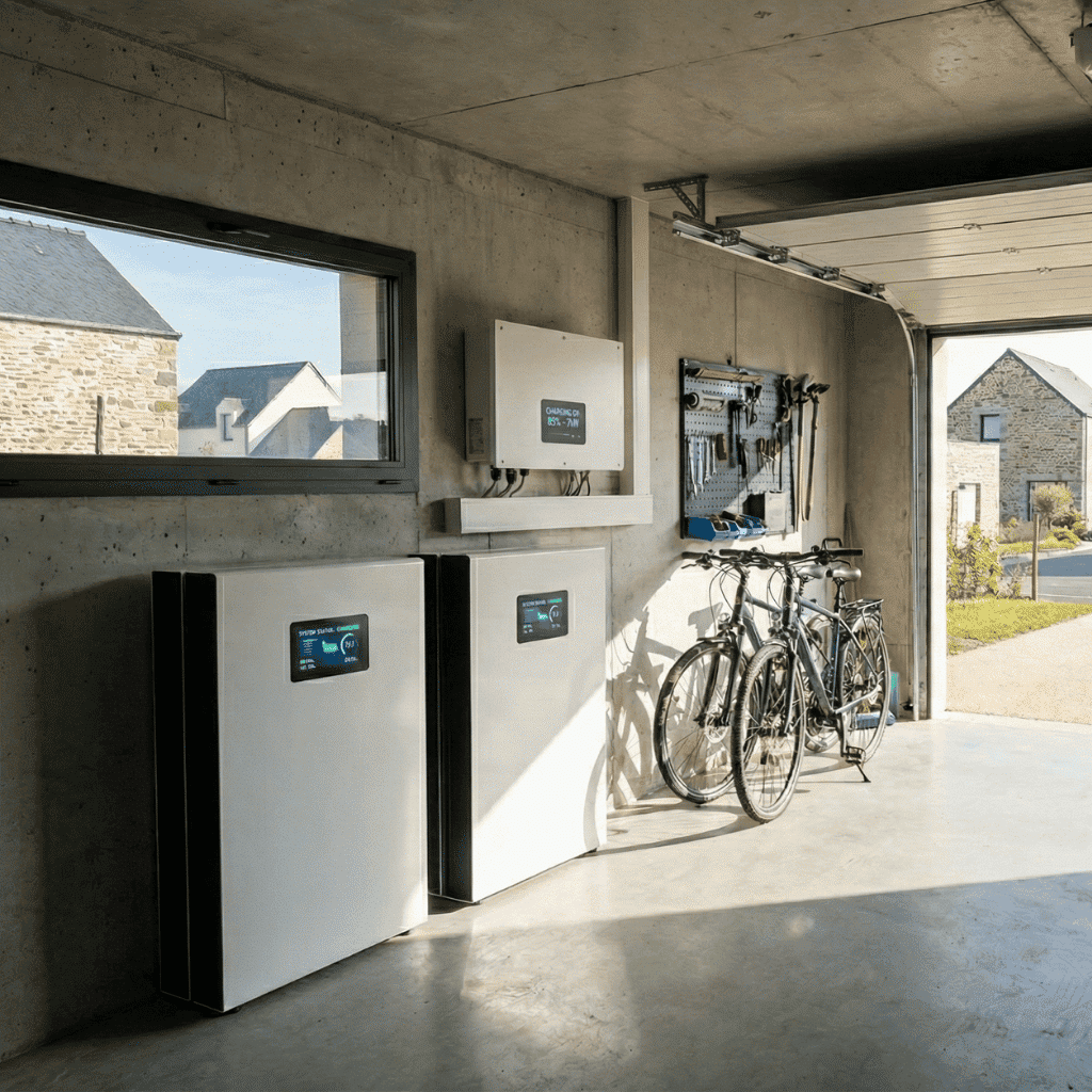 Système domestique de batteries de stockage installé dans un garage, comprenant deux unités murales connectées à un onduleur, avec outils de bricolage et vélos à proximité.