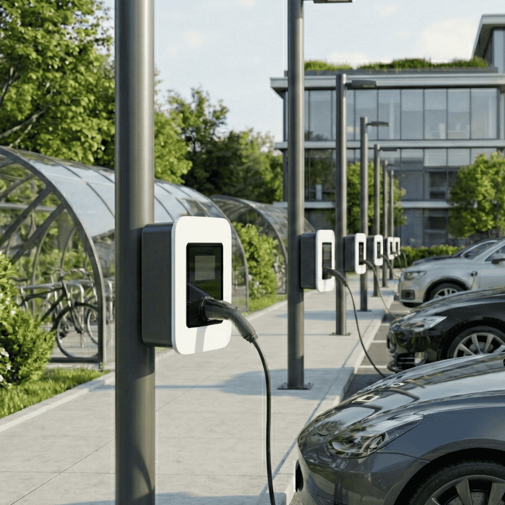 Bornes de recharge pour véhicules électriques installées sur un parking d’entreprise, avec plusieurs voitures en charge et des infrastructures modernes en arrière-plan.