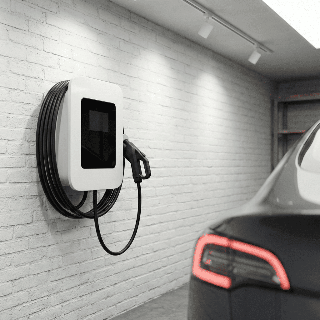 Borne de recharge murale pour véhicule électrique installée dans un garage, avec un câble enroulé et une voiture électrique garée prête à être rechargée.