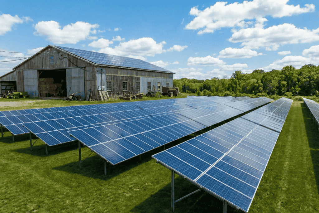 Centrale photovoltaïque au sol installée sur une exploitation agricole, composée de rangées de panneaux solaires devant une grande grange en bois et entourée de verdure.
