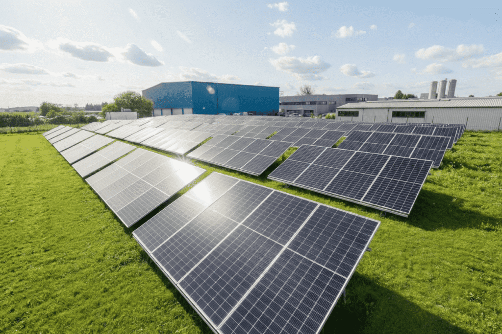 Centrale solaire au sol composée de rangées de panneaux photovoltaïques installés sur un site industriel, avec bâtiments d’usine en arrière-plan et large terrain enherbé.