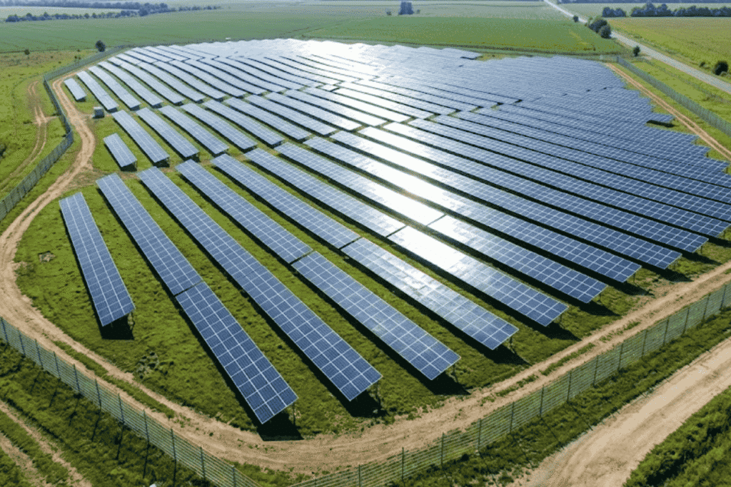 Champ photovoltaïque au sol composé de longues rangées de panneaux solaires installés sur un vaste terrain clôturé, vu depuis les airs.