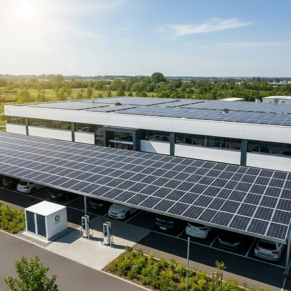 entreprise avec panneaux solaires ombrières et bornes de recharge