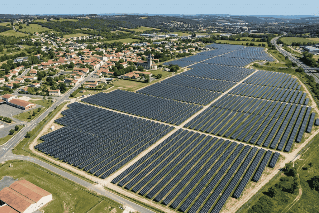 Parc solaire au sol de grande capacité alimentant une collectivité locale, avec de vastes rangées de panneaux photovoltaïques à proximité d’une zone urbaine.