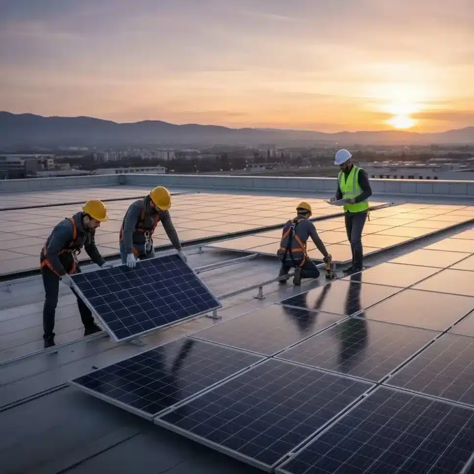 Pose de panneaux solaires photovoltaïques sur le toit d’un bâtiment professionnel au coucher du soleil