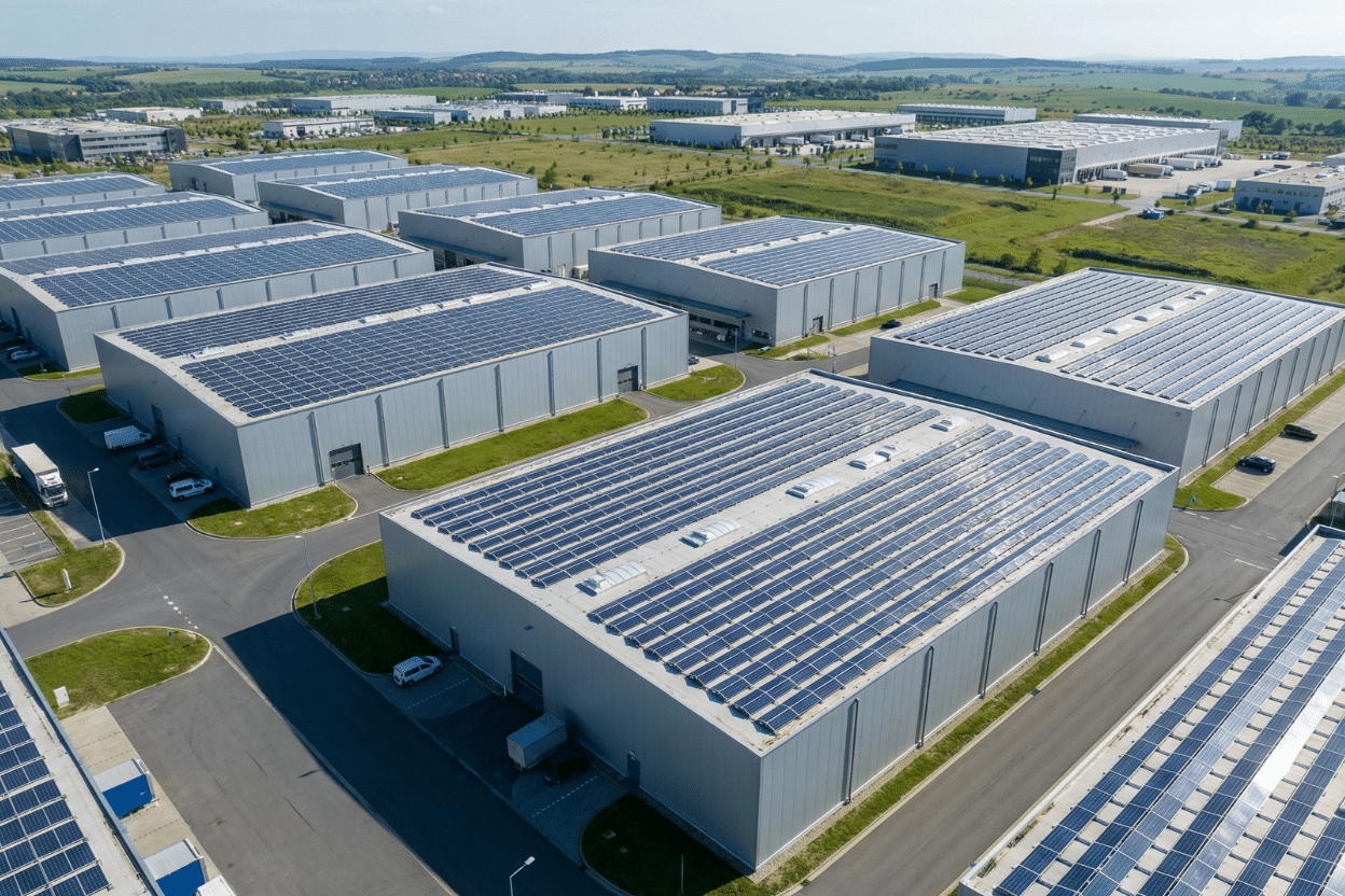 Hangars industriels équipés de grandes installations photovoltaïques en toiture, avec des rangées de panneaux solaires couvrant la majorité des bâtiments dans une zone d’activités.