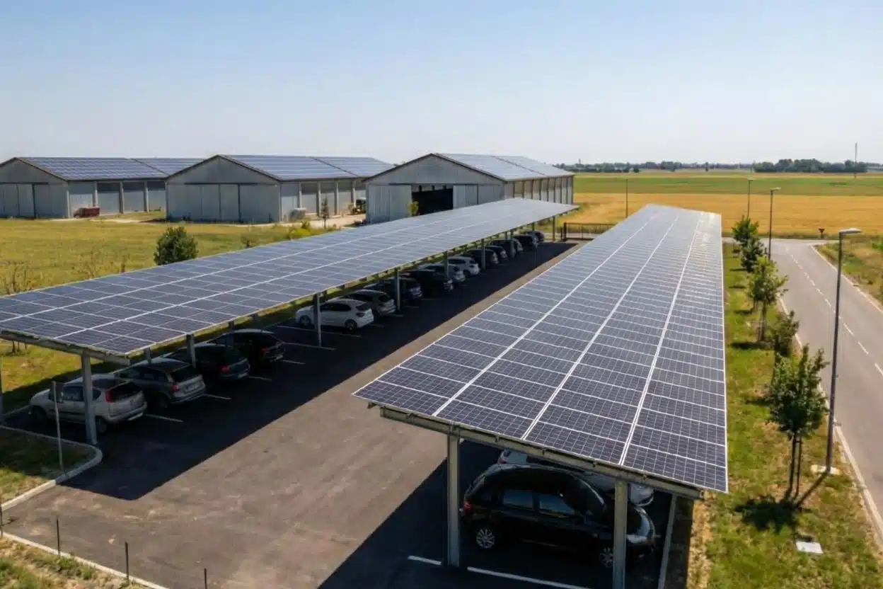 Ombrières photovoltaïques couvrant un parking situé à proximité de bâtiments agricoles, produisant de l’énergie tout en offrant une protection solaire aux véhicules.