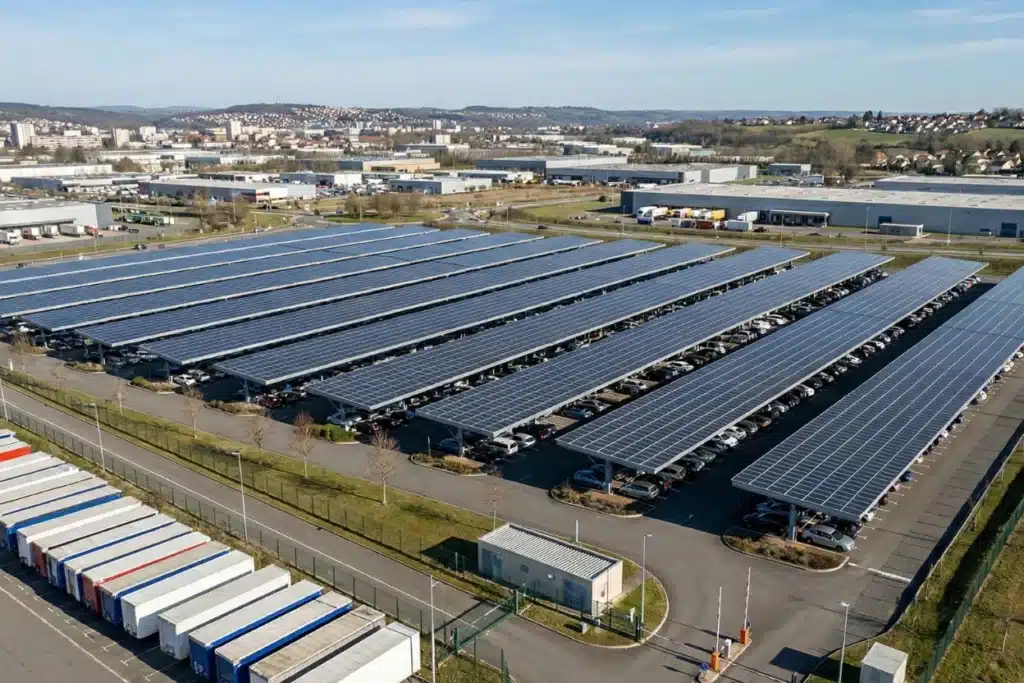 Grand parking couvert par des ombrières photovoltaïques, permettant de produire de l’énergie solaire tout en protégeant les véhicules sur un site industriel.