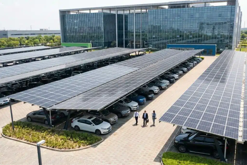 Ombrières solaires couvrant un parking d’entreprise, équipées de panneaux photovoltaïques pour produire de l’énergie et protéger les véhicules.