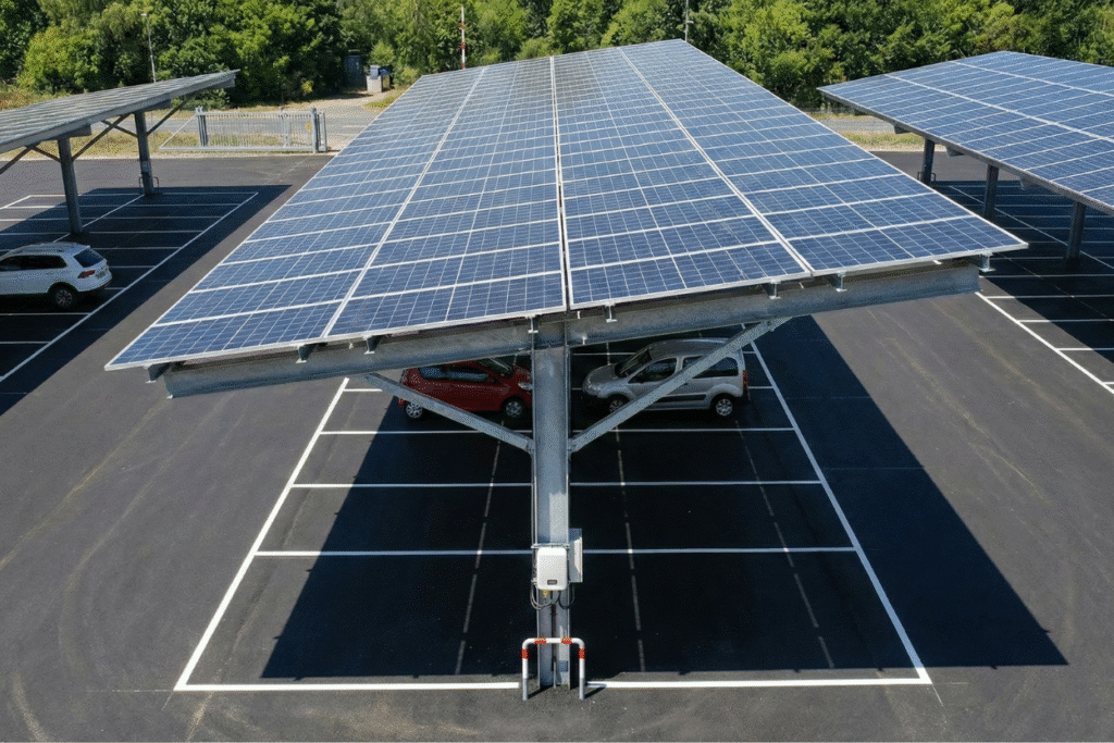 Structure de parking solaire équipée de panneaux photovoltaïques, couvrant des places de stationnement et offrant ombrage aux véhicules garés.