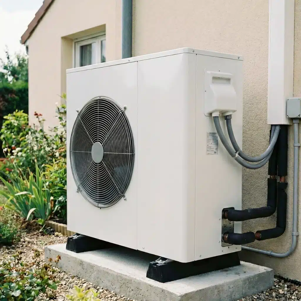 Unité extérieure de pompe à chaleur air-eau installée à côté d’une maison, assurant le chauffage et la production d’eau chaude de manière économe en énergie.