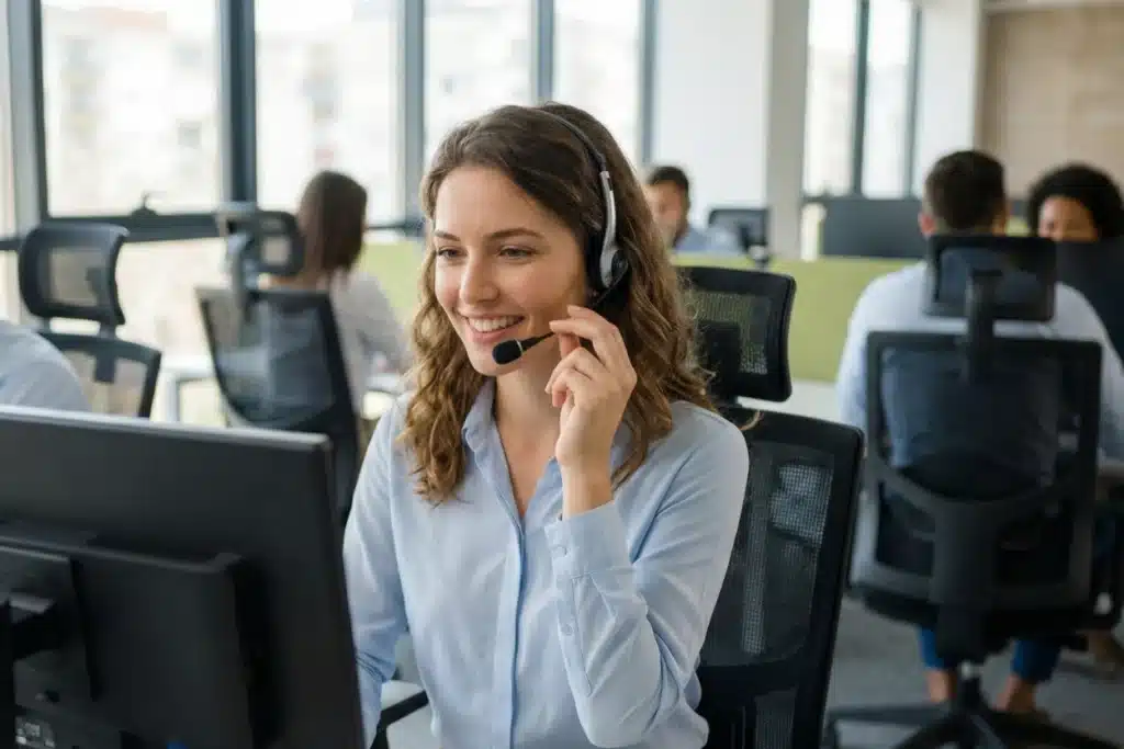 Conseillère téléphonique souriante travaillant dans un centre de support client moderne, équipée d’un casque micro devant son ordinateur.