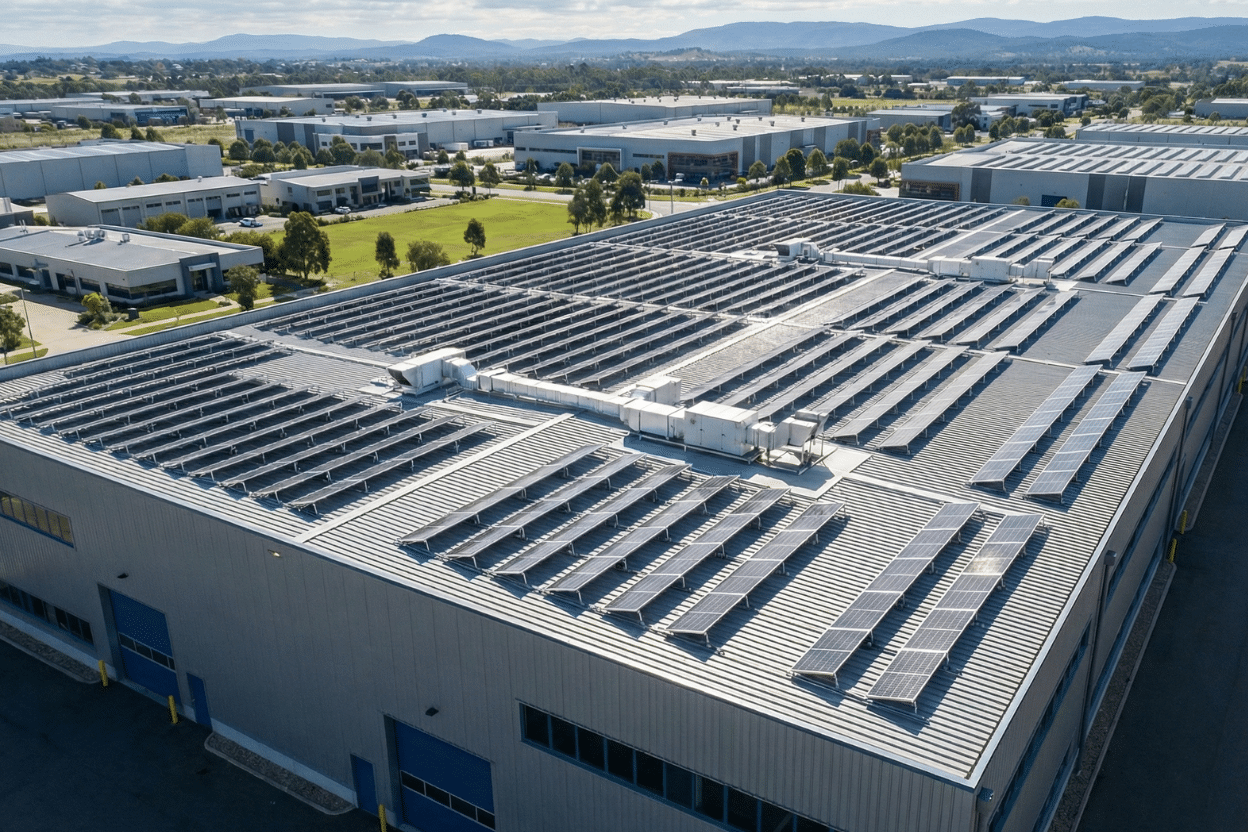 Installation photovoltaïque industrielle sur la toiture d’un grand bâtiment, avec de longues rangées de panneaux solaires couvrant une vaste surface dans une zone d’activités.