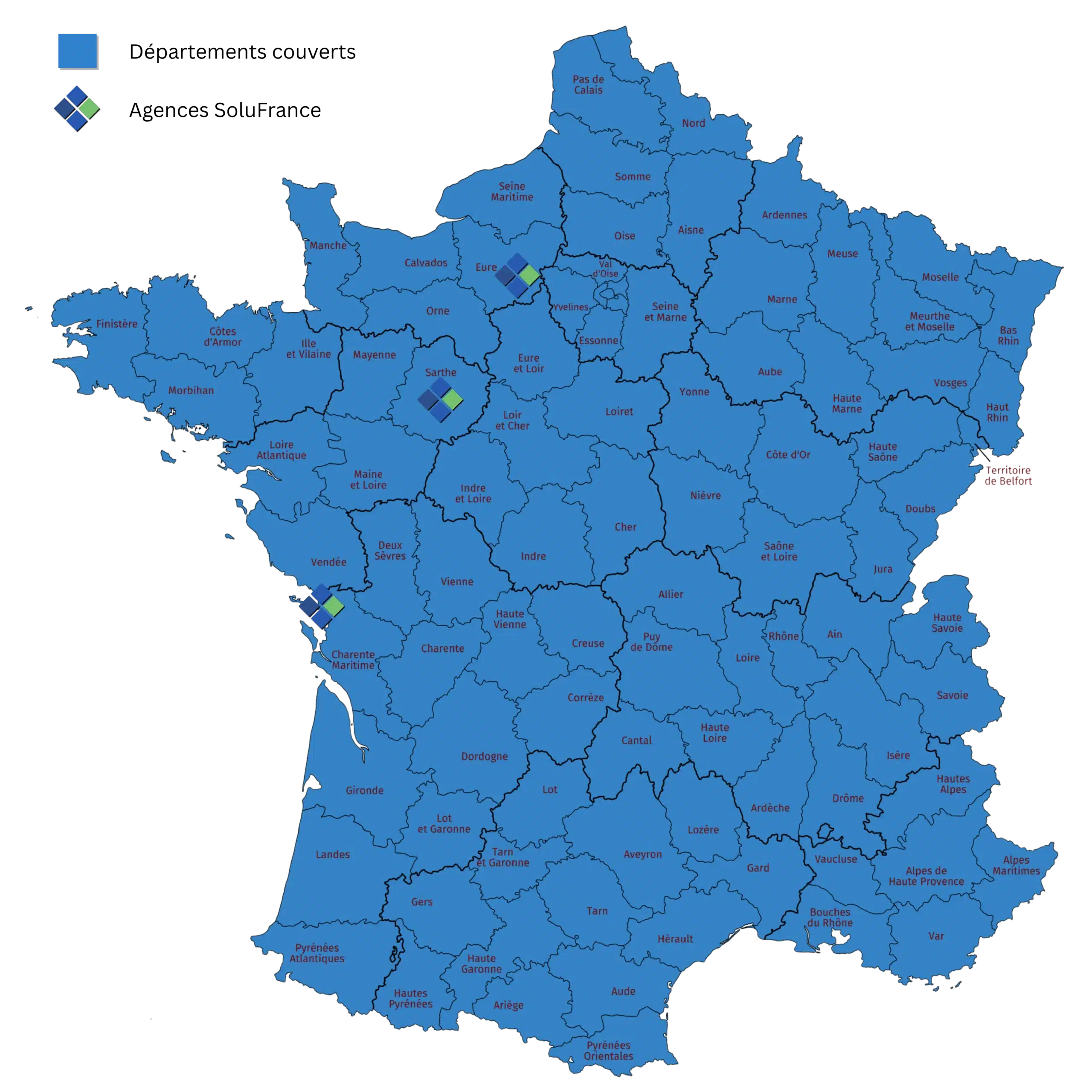 Carte de France montrant en bleu les départements couverts par SoluFrance et l’emplacement de plusieurs agences.