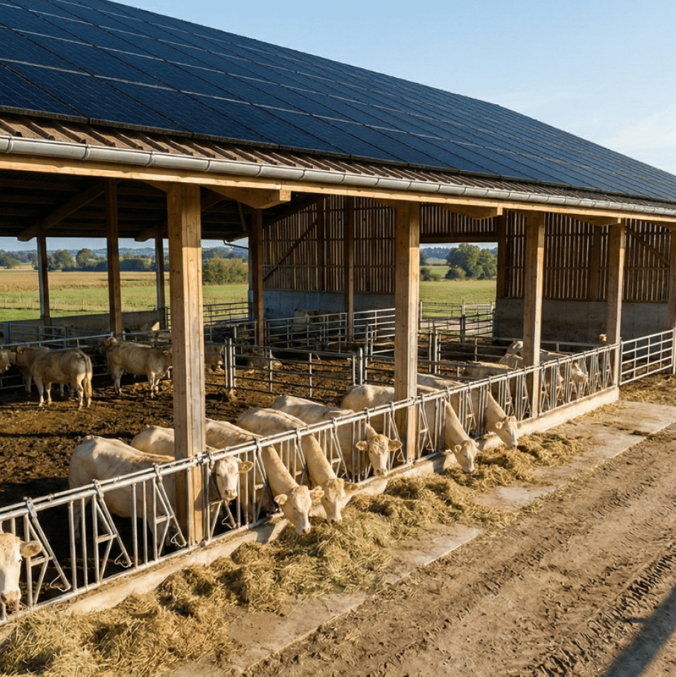 Hangar agricole dédié à l’élevage bovin, équipé d’une toiture photovoltaïque, avec des vaches à l’auge et un environnement rural en arrière-plan.