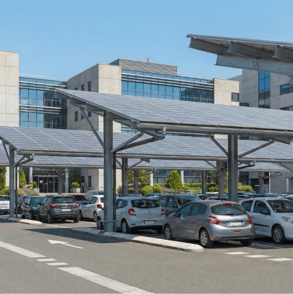 Ombrières photovoltaïques installées sur un parking, constituées de structures métalliques supportant des panneaux solaires et offrant de l’ombre aux véhicules stationnés.