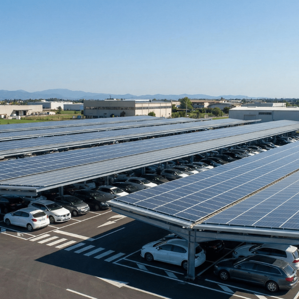 Ombrières de parking recouvertes de panneaux solaires, installées sur un grand parking extérieur avec de nombreuses voitures stationnées.