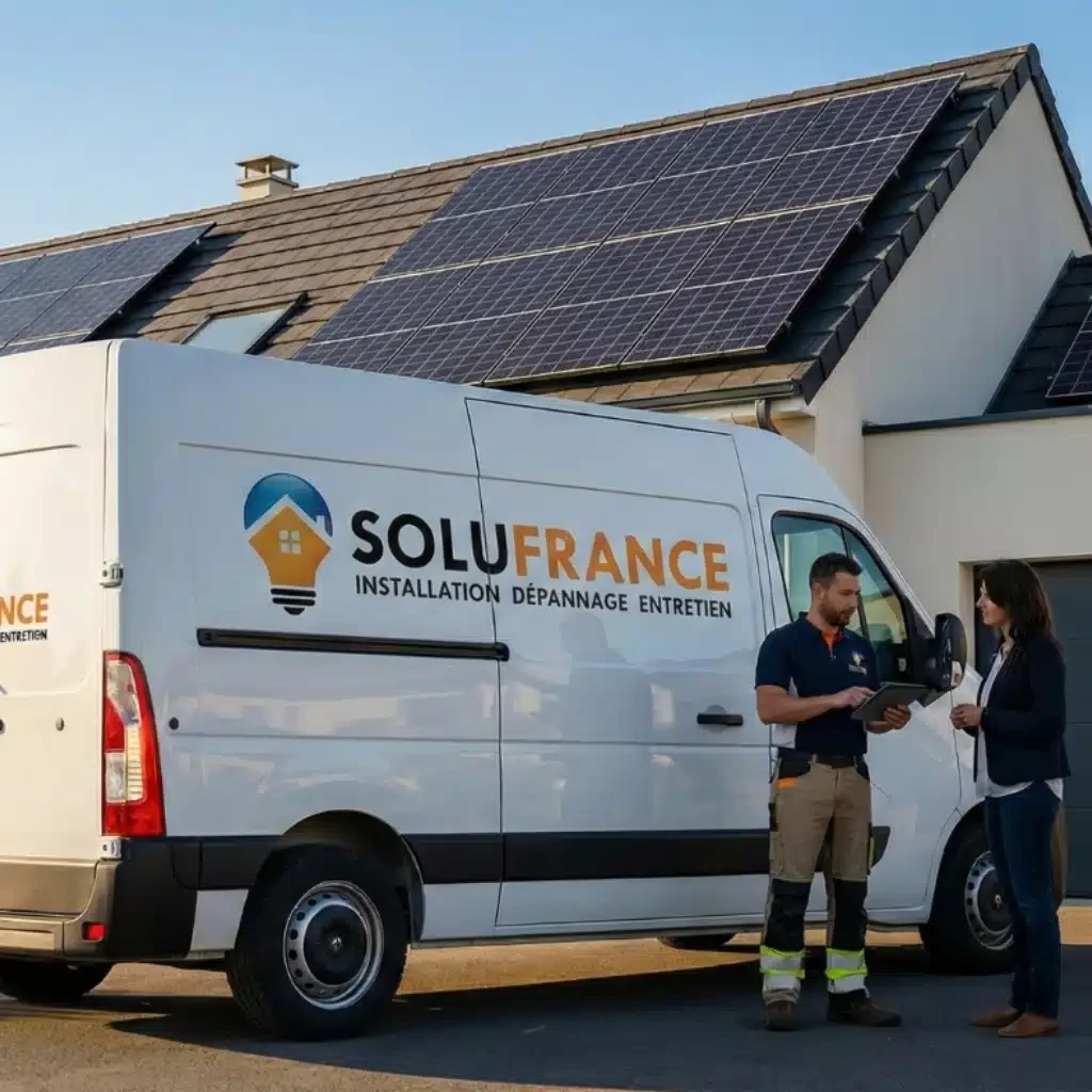 Technicien SoluFrance échangeant avec une cliente devant une maison équipée de panneaux photovoltaïques, à côté d’un véhicule utilitaire portant le logo de l’entreprise.